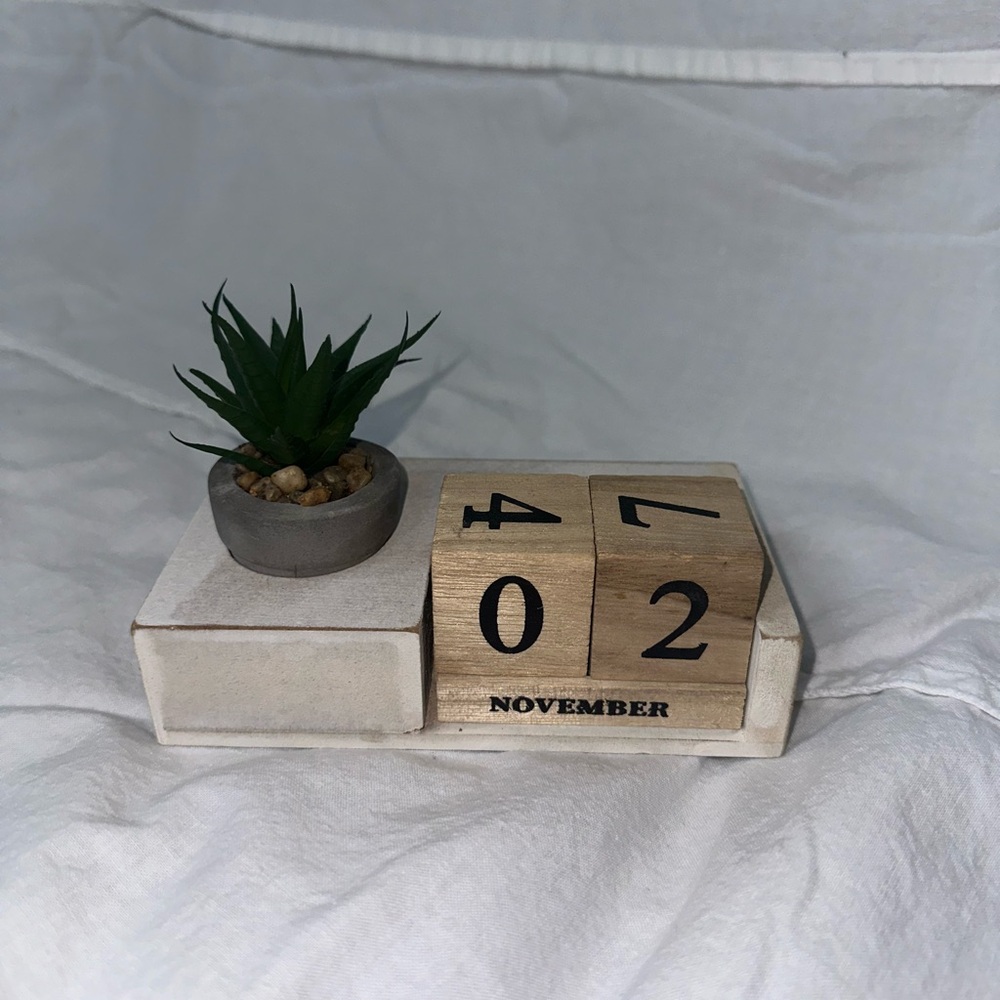 Wooden Perpetual Calendar with Faux Plant